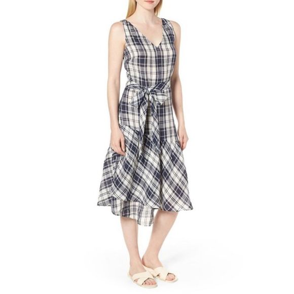 Nordstrom Signature Navy/White Plaid Faux Wrap Linen Dress Size 10 - Picture 7 of 11